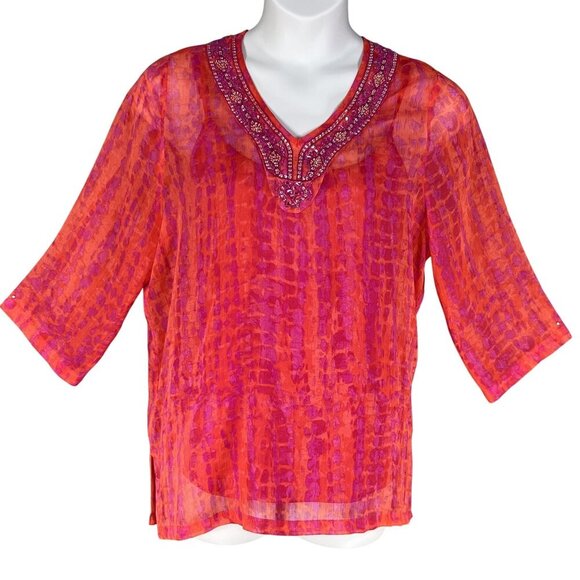 Laura Ashley New Women XL Tie Dye Chiffon Top Jeweled Artsy Blouse Hippie Groovy - Picture 3 of 16